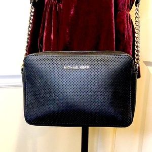MICHAEL KORS Perforated Black Saffiano Crossbody with Silver Chain Leather Strap